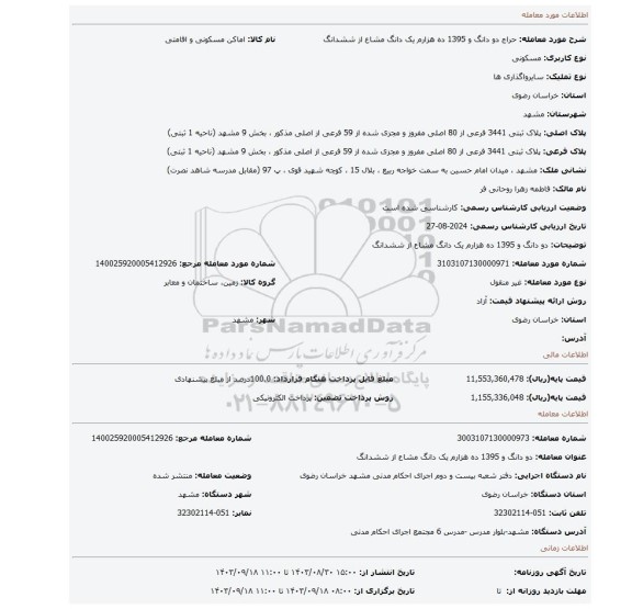 مزایده، دو دانگ و 1395 ده هزارم یک دانگ مشاع از ششدانگ