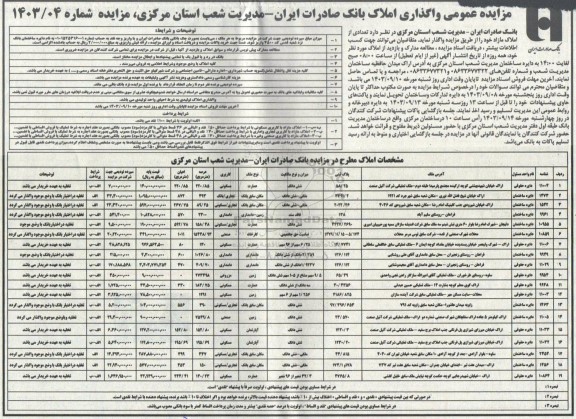 مزایده واگذاری املاک مازاد با کاربری مسکونی - تجاری/بانک - تجاری/مسکونی - دامداری - صنعتی - مزروعی - صنعتی