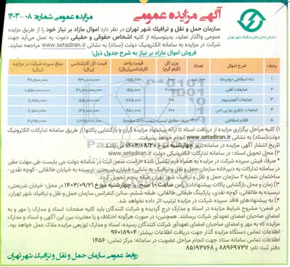 مزایده واگذاری تنه اسقاطی دوچرخه، ضایعات آهن، آلومینیوم، باطری یو پی اس و اقلام اسقاطی