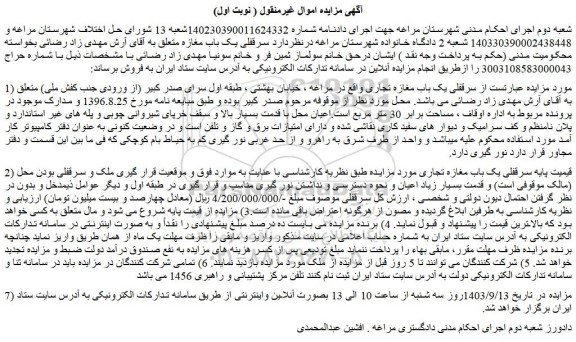 مزایده سرقفلی یک باب مغازه