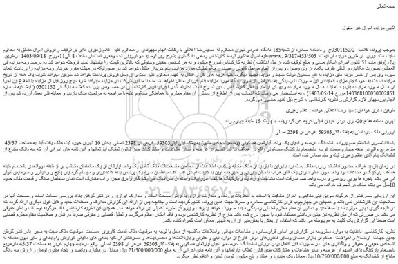 مزایده فروش ششدانگ عرصه و اعیان یک واحد آپارتمان مسکونی (وضعیت خاص طلق) به پلاک ثبتی ثبتی59303  فرعی از 2398 اصلی