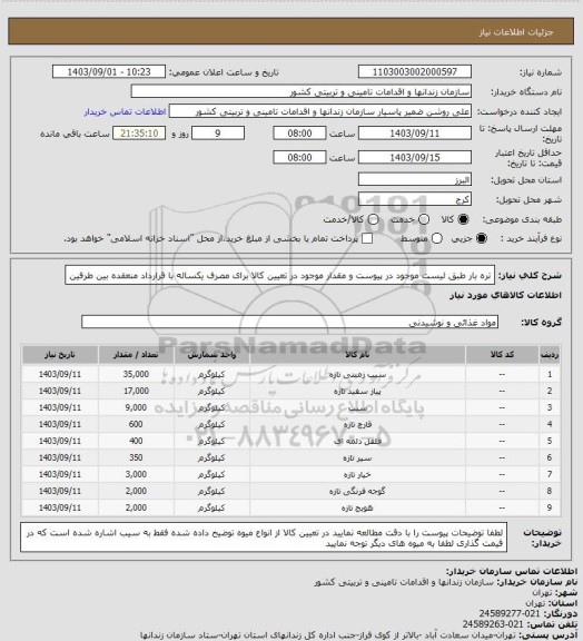 استعلام تره بار طبق لیست موجود در پیوست و مقدار موجود در تعیین کالا برای مصرف یکساله با قرارداد منعقده بین طرفین