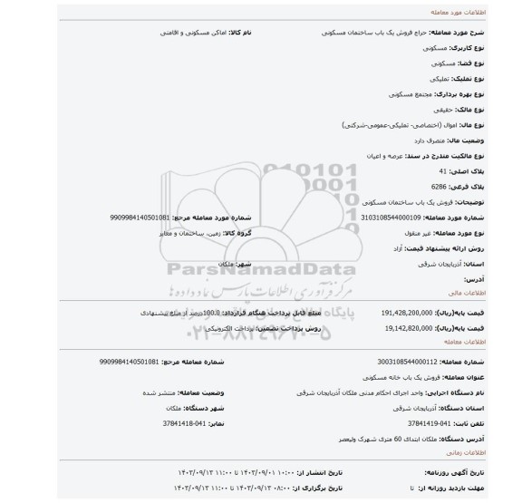 مزایده، فروش یک باب ساختمان مسکونی