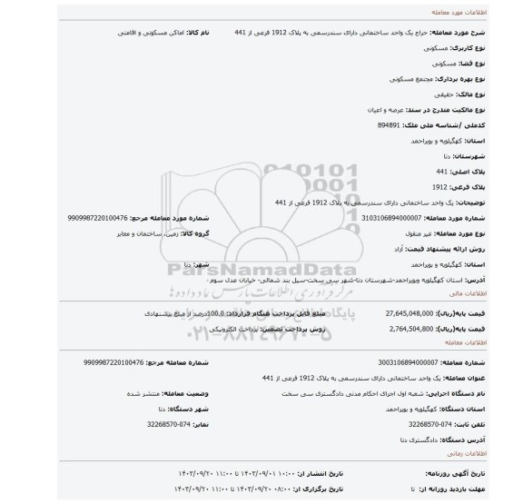 مزایده، یک واحد ساختمانی دارای سندرسمی به پلاک 1912 فرعی از 441