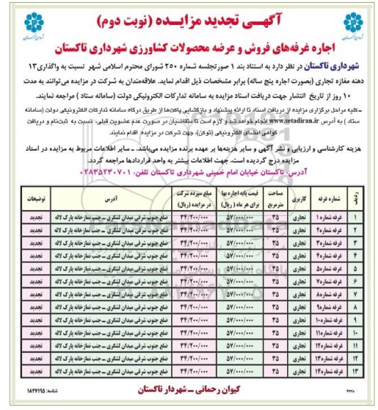 مزایده اجاره غرفه های فروش و عرضه محصولات کشاورزی تجدید نوبت دوم