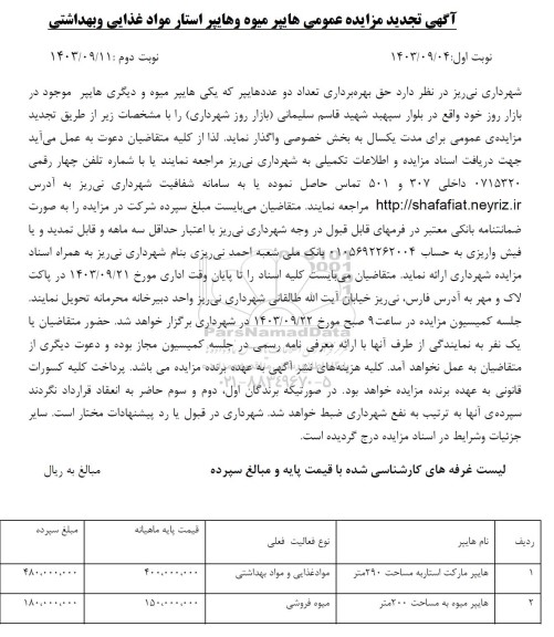تجدید مزایده حق بهره برداری تعداد دو عددهایپر که یکی هایپر میوه ..