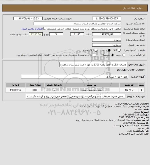استعلام عملیات بارگیری حمل تخلیه 3300 تن کود از مبدا شهرستان شاهرود