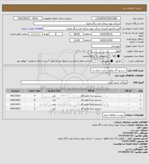 استعلام سنسور گاز مطابق شرح درخواست