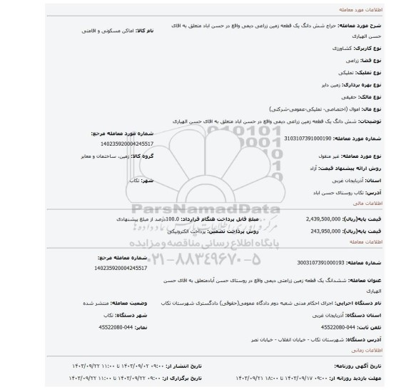 مزایده، شش دانگ یک قطعه زمین زراعی  دیمی واقع در حسن اباد متعلق به اقای حسن الهیاری