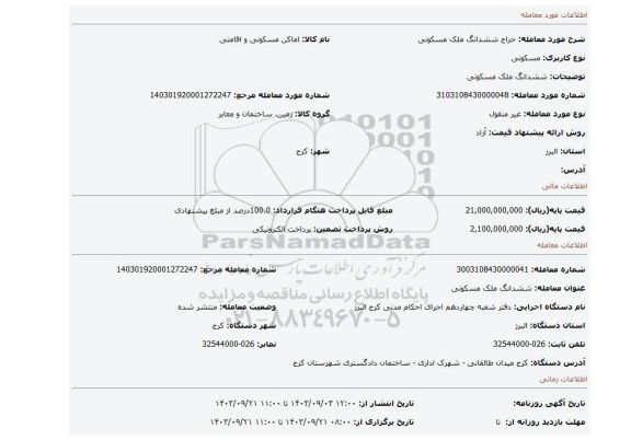 مزایده، ششدانگ ملک مسکونی