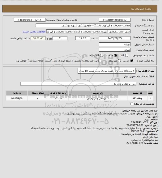 استعلام 4 دستگاه خودرو با راننده حداکثر سن خودرو 10 سال