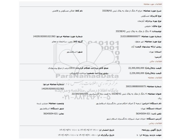 مزایده، 4 دانگ از ملک به پلاک ثبتی 33238/42