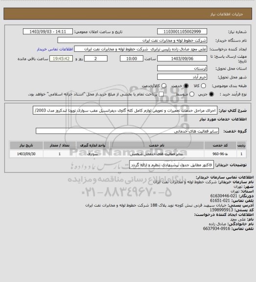 استعلام اجرای مراحل خدمات تعمیرات و تعویض لوازم کامل کله گاوی دیفرانسیل عقب سواری تویوتا لندکروز مدل 2003/