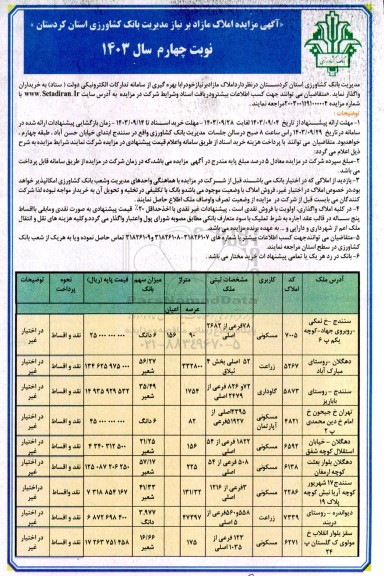 مزایده املاک مازاد بر نیاز مدیریت بانک کشاورزی - نوبت چهارم