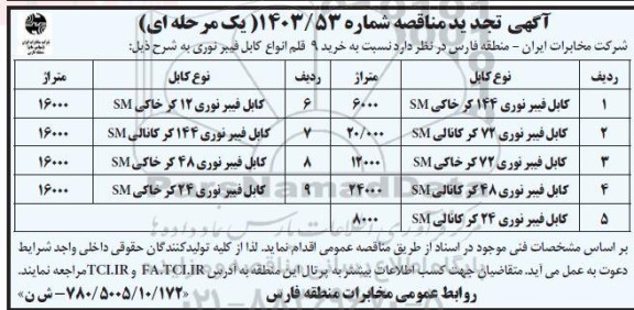 تجدید مناقصه کابل فیبر نوری 144 کر خاکی SM....