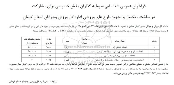 فراخوان عمومی شناسایی سرمایه گذاران بخش خصوصی برای مشارکت در ساخت، تکمیل و تجهیز طرح های ورزشی...