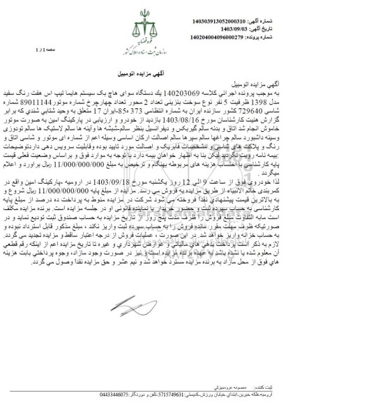 مزایده یک دستگاه سواری هاچ بک سیستم هایما