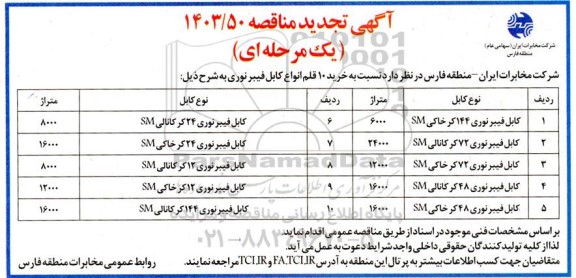 تجدید مناقصه خرید 10  قلم انواع کابل فیبر نوری