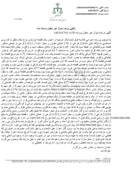 مزایده ششدانگ عرصه و اعیان یک قطعه آپارتمان مسکونی 