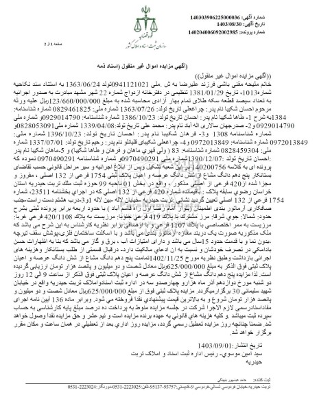 مزایده پلاک ثبتی 1754 فرعی از 132 اصلی