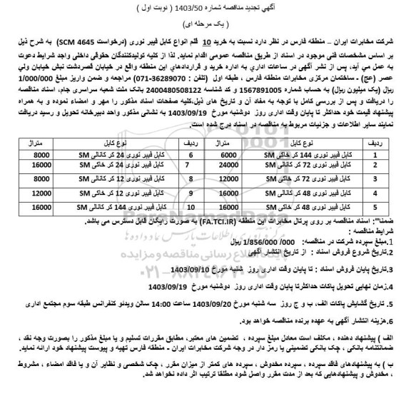 تجدید مناقصه  خرید 10 قلم کابل فیبر نوری
