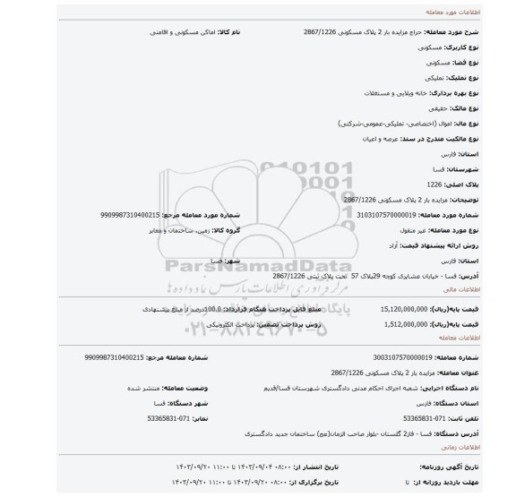 مزایده، مزایده بار 2 پلاک مسکونی 2867/1226