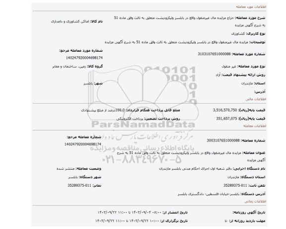 مزایده، مزایده مال غیرمنقول واقع در بابلسر ولیکرودپشت متعلق به ثالث وفق ماده 51   به شرح آگهی مزایده