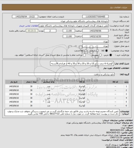 استعلام گوتاپرکا 6 درصد سایز 15 و 20 و 25 و 30 و 35 و 40 از هرکدام 30بسته
