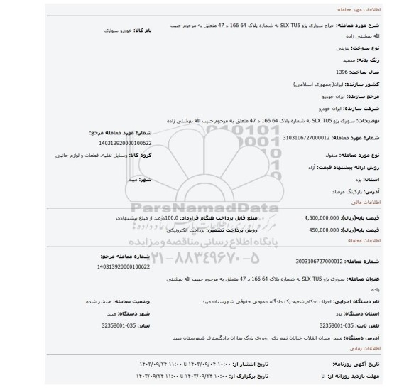 مزایده، سواری پژو SLX TU5 به شماره پلاک 64 166 د 47 متعلق به مرحوم حبیب الله بهشتی زاده