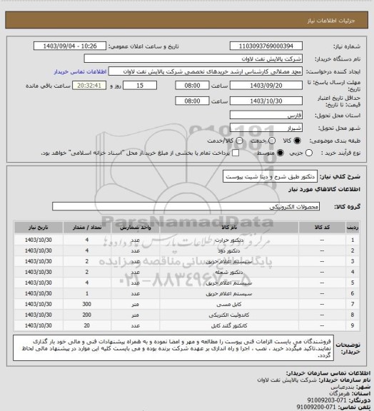 استعلام دتکتور طبق شرح و دیتا شیت پیوست