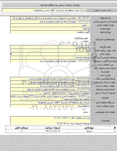 مناقصه, س/۱۴۰۳/۳۰ - مناقصه تامین و تعویض ترانس های جریان ۱۳۲کیلوولت پست های سلطان آباد، داورزن و صنعت