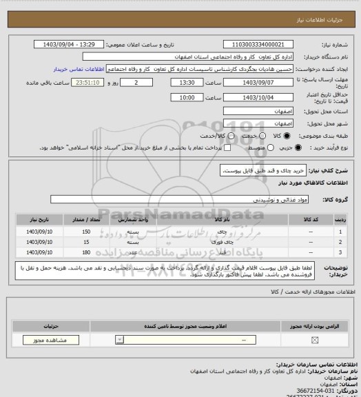 استعلام خرید چای و قند طبق فایل پیوست.