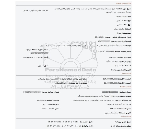 مزایده، ششدانگ پلاک ثبتی 671 فرعی جدا شده از 322 فرعی واقع در اراضی قلعه نو پلاک 5 اصلی بخش ثبتی 3 سبزوار