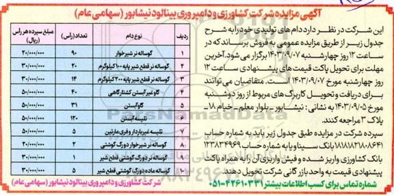مزایده فروش دام های تولیدی