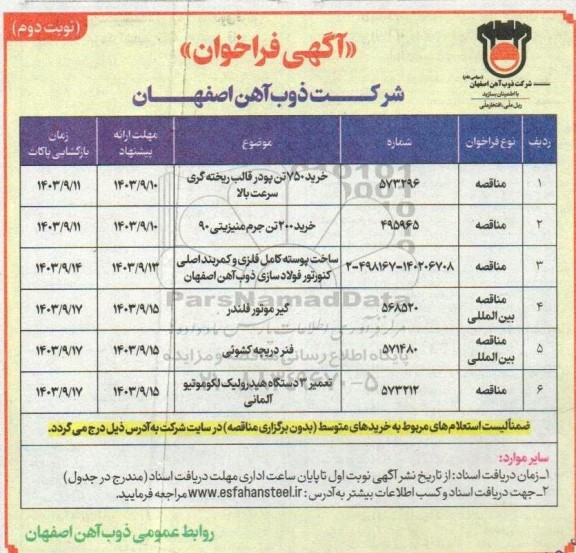 مناقصه خرید 750 تن پودر قالب ریخته گری سرعت بالا ...  نوبت دوم