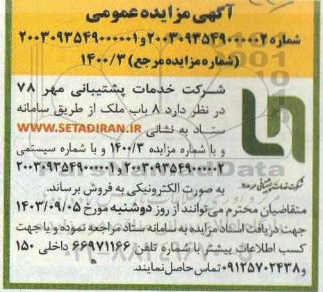مزایده فروش 8 باب ملک 