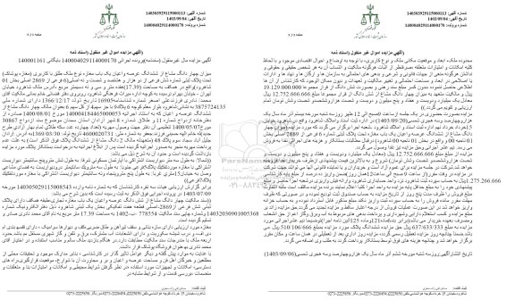 مزایده چهار دانگ مشاع از ششدانگ عرصه و اعیان یکباب مغازه