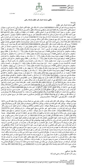 مزایده یک قطعه اپارتمان مسکونی به پلاک ثبتی 3423 فرعی از 41 اصلی مفروز و مجزا شده از 3298 فرعی
