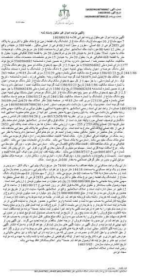 مزایده یک قطعه زمین به مساحت 160 مترمربع پلاک ثبتی 2853 فرعی از 46 اصلی