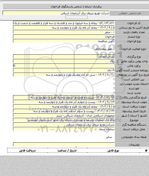مناقصه, واگذاری عملیات توسعه و بهسازی شبکه برق شهر شسشوان عجبشیر