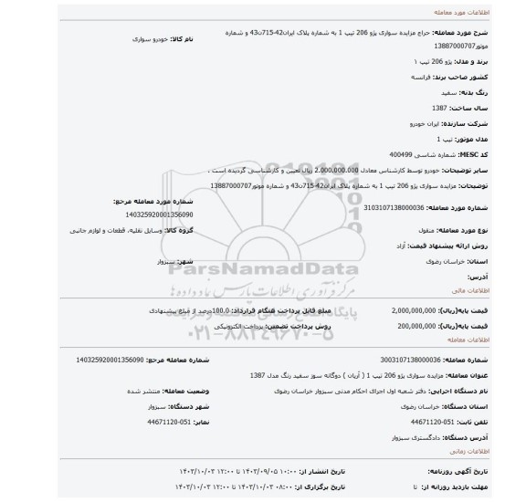 مزایده، مزایده سواری  پژو 206 تیپ 1  به شماره پلاک ایران42-715ن43 و شماره موتور13887000707