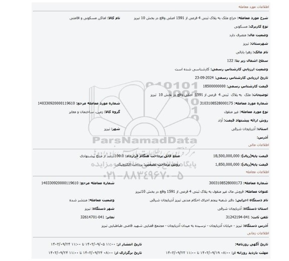مزایده، ملک به پلاک ثبتی 4 فرعی از 1591 اصلی واقع در بخش 10 تبریز
