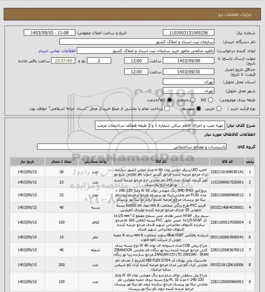 استعلام تهیه نصب و اجرای اقلام سالن شماره 1 و 2 طبقه همکف ساختمان مرمت