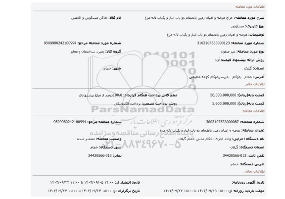 مزایده، عرصه و اعیان زمین بانضمام دو باب انبار و یکباب لانه مرغ