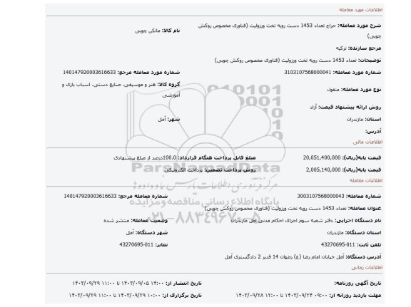 مزایده، تعداد 1453 دست رویه تخت ورزولیت (فناوری مخصوص روکش چوبی)