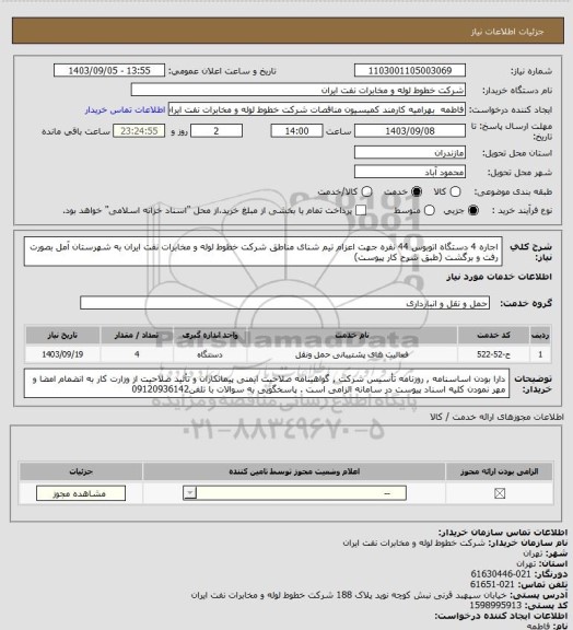 استعلام اجاره 4 دستگاه اتوبوس 44 نفره جهت اعزام تیم شنای مناطق شرکت خطوط لوله و مخابرات نفت ایران به شهرستان آمل بصورت رفت و برگشت (طبق شرح کار پیوست)