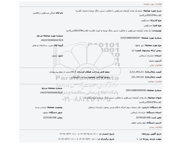 مزایده، یک واحد آپارتمان  مسکونی با مالکیت شش دانگ عرصه و اعیان  کلاسه کلاسه0201078ش3اجرا