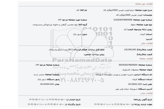 مزایده، فروش تقریبی 3000کیلوگرم کاه