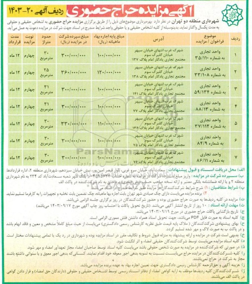 مزایده حراج حضوری بهره برداری واحد تجاری