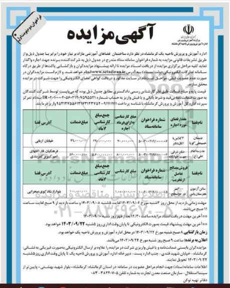 مزایده ساختمان فضاهای آموزشی مازاد نیاز فراخوان دوم